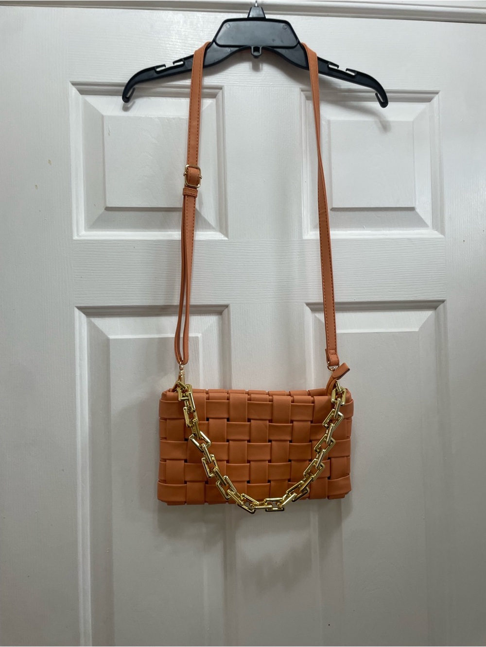 Woven Crossbody Bag in Tan with Gold Chain